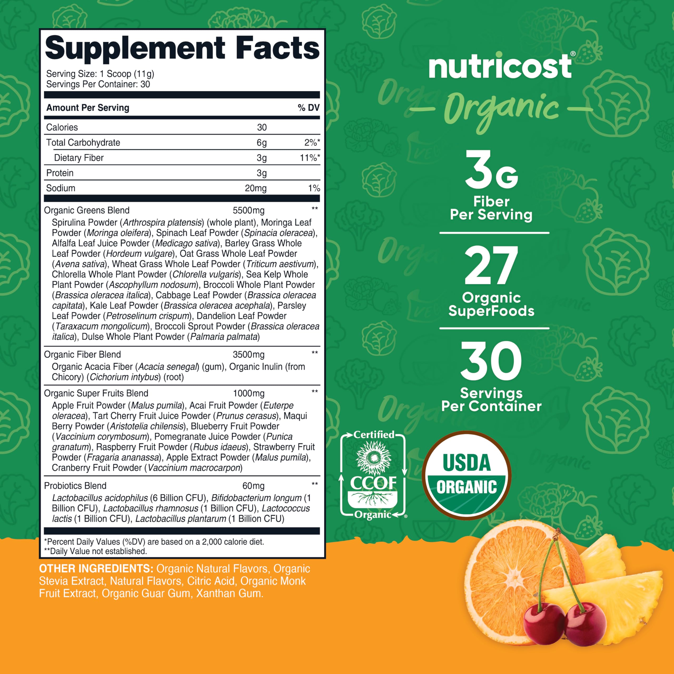 Nutricost verdes orgánicos naranja amanecer, cucharita medidora incluida para porciones consistentes