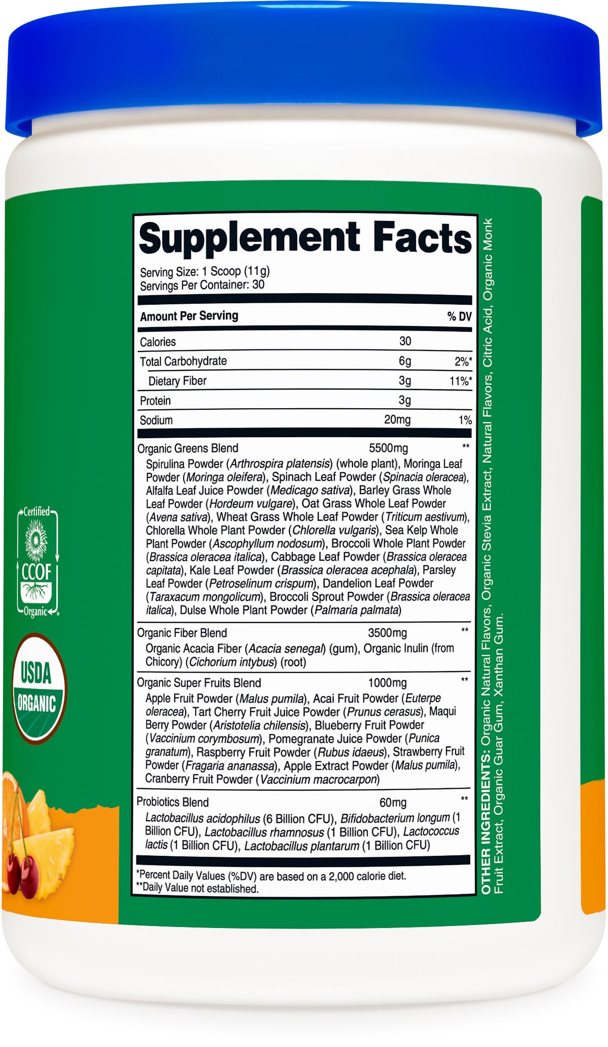 Nutricost verdes orgánicos naranja amanecer, etiqueta clara para identificar ingredientes orgánicos