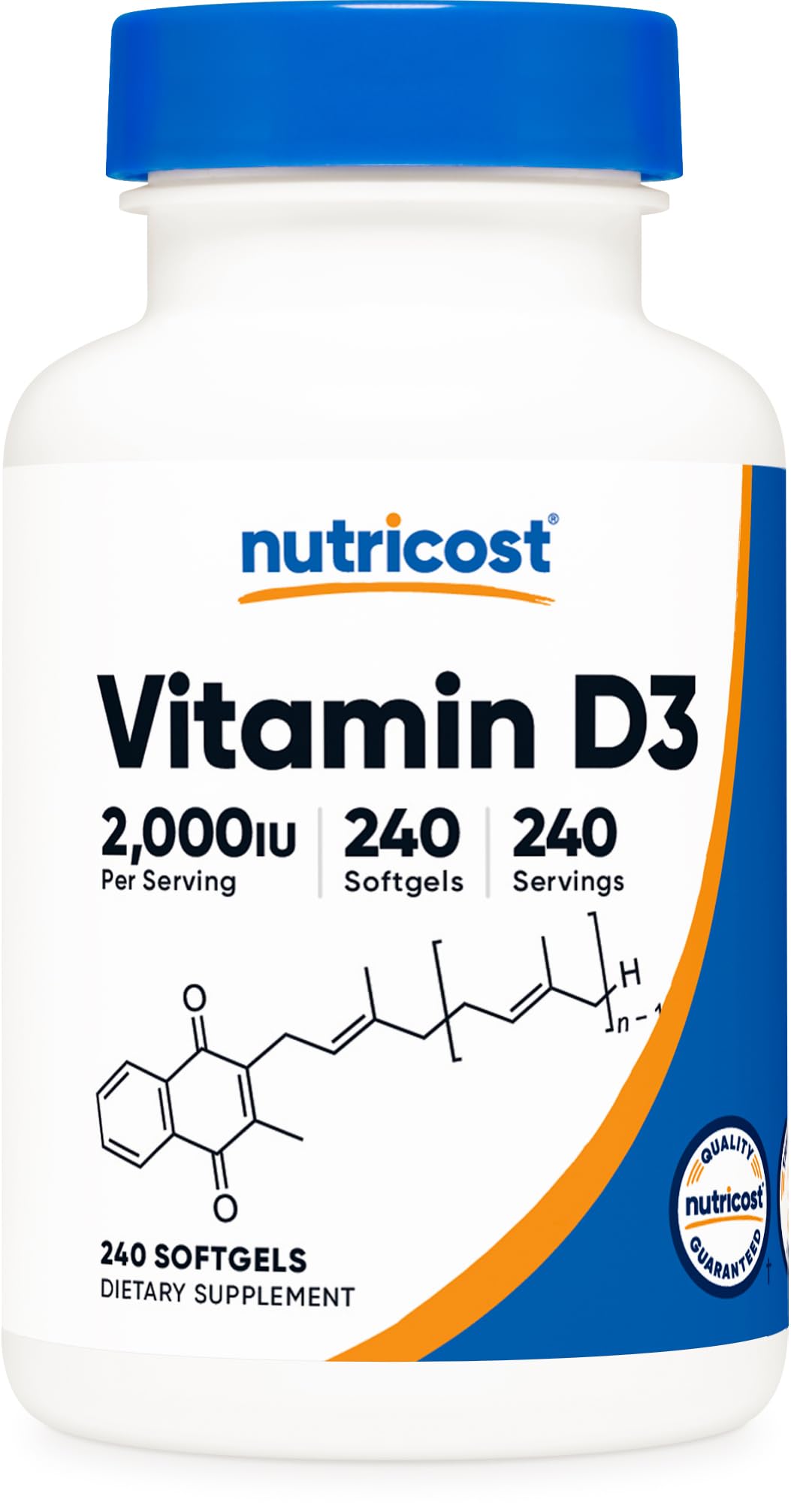Nutricost vitamina D3 2000 UI, botella frontal, apoyo diario para la salud ósea.