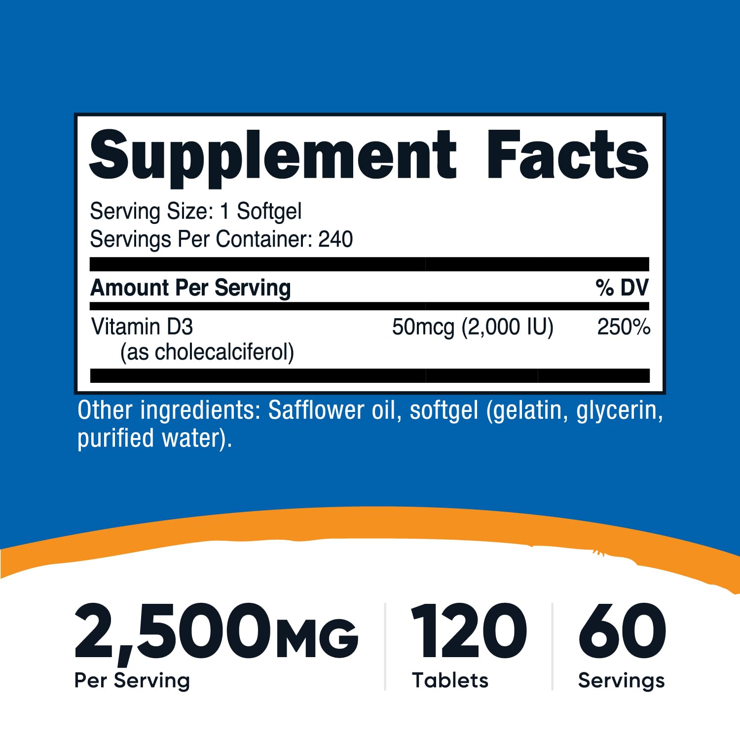 Nutricost vitamina D3 2000 UI, cápsula blanda, fácil de tragar.