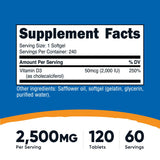 Nutricost vitamina D3 2000 UI, cápsula blanda, fácil de tragar.