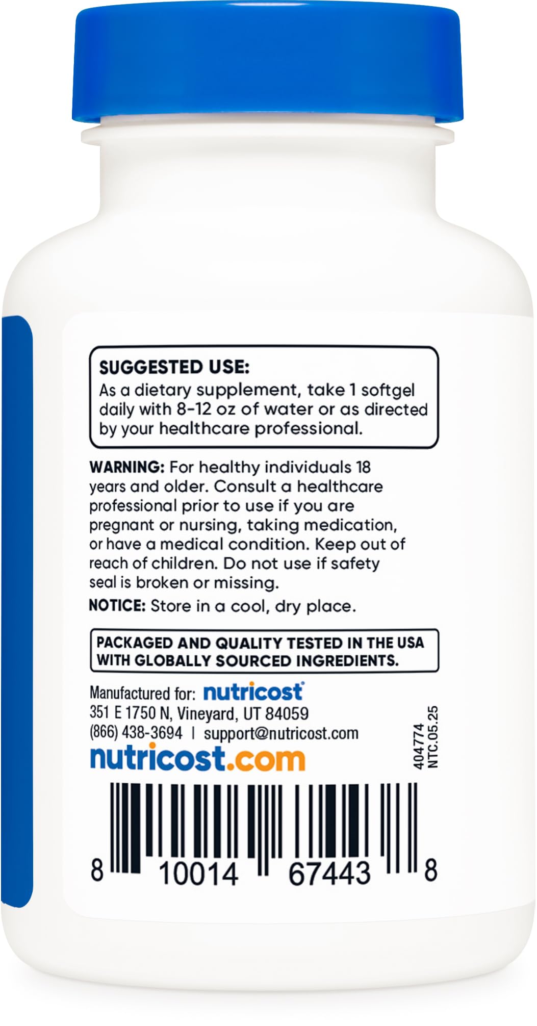 Nutricost vitamina D3 2000 UI, sello sin gluten y sin OGM para mayor seguridad.