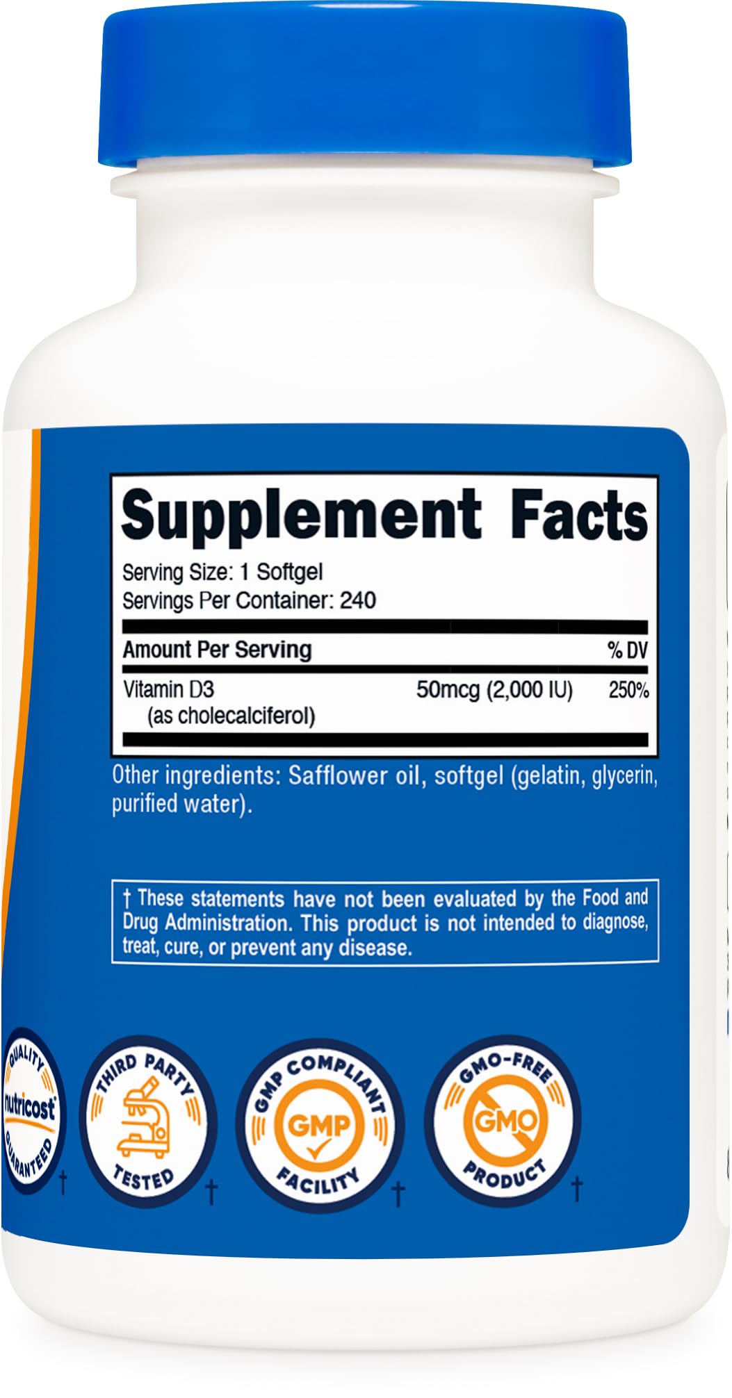 Nutricost vitamina D3 2000 UI, uso diario recomendado con comida para absorción.