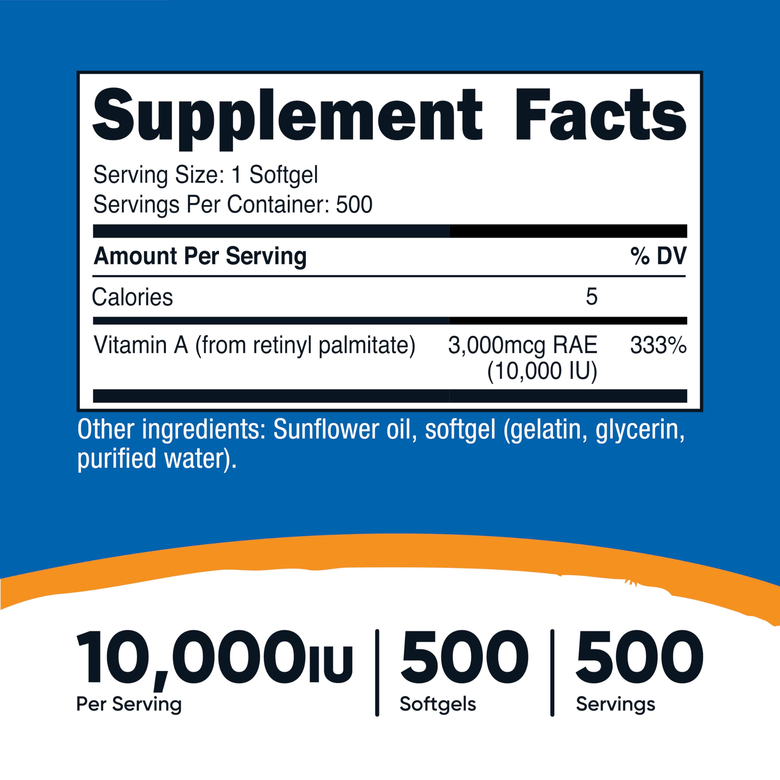 Cápsulas blandas Nutricost Vitamina A 10000 UI para ingesta diaria.