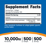 Cápsulas blandas Nutricost Vitamina A 10000 UI para ingesta diaria.