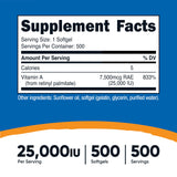 Nutricost Vitamina A 25,000 UI: bote compacto para almacenamiento y dosis diaria.
