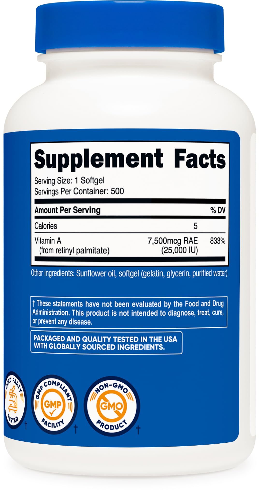 Nutricost Vitamina A 25,000 UI, envase resistente para la rutina diaria.