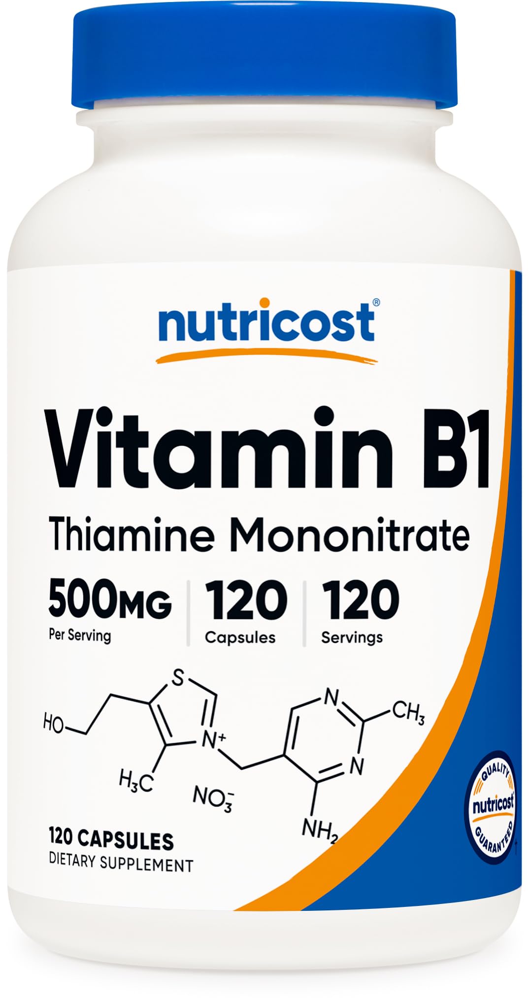 Nutricost Vitamina B1 500 mg en botella, dosis diarias para apoyo energético.
