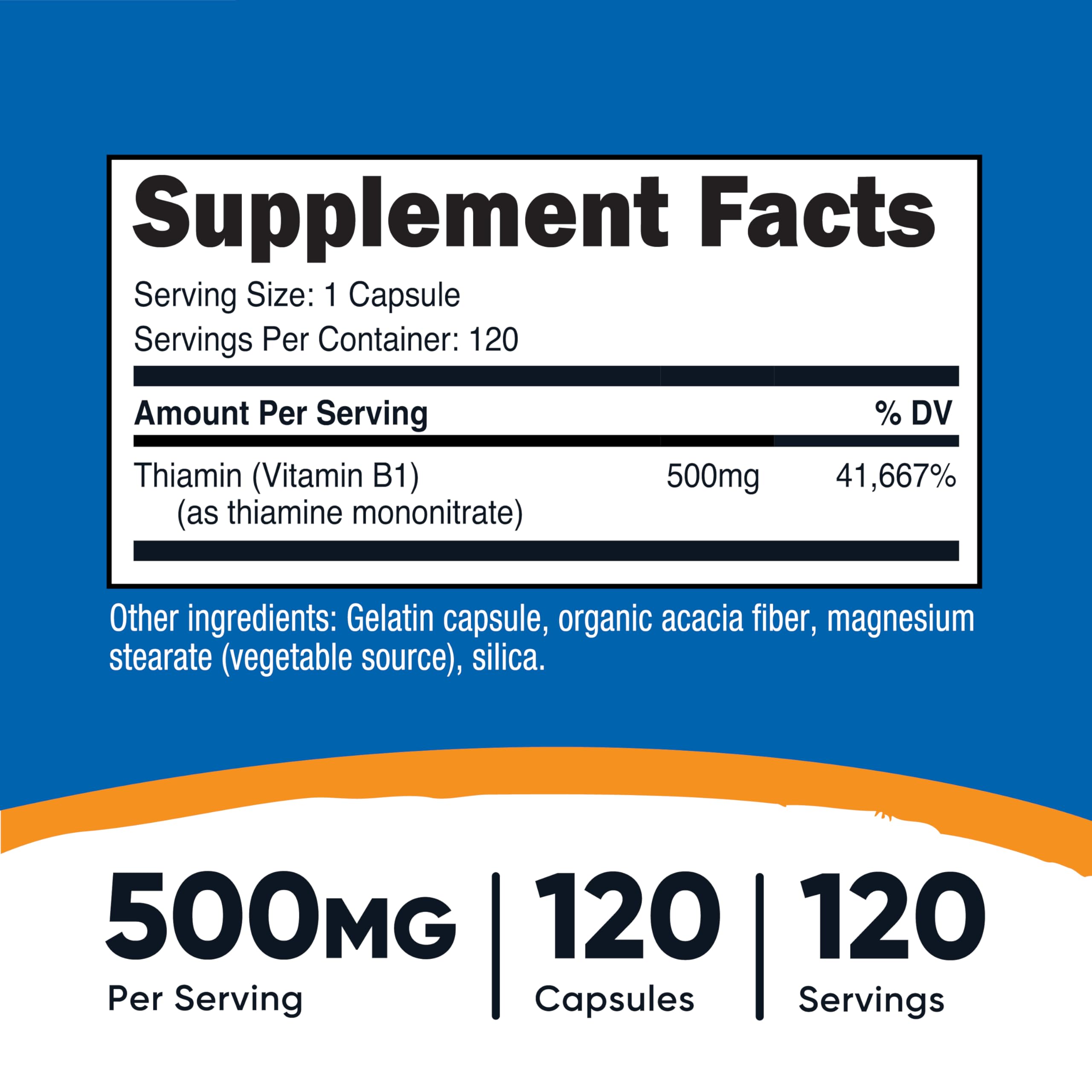 Etiqueta de Nutricost B1 500mg destaca pureza y cumplimiento normativo.