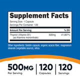 Etiqueta de Nutricost B1 500mg destaca pureza y cumplimiento normativo.
