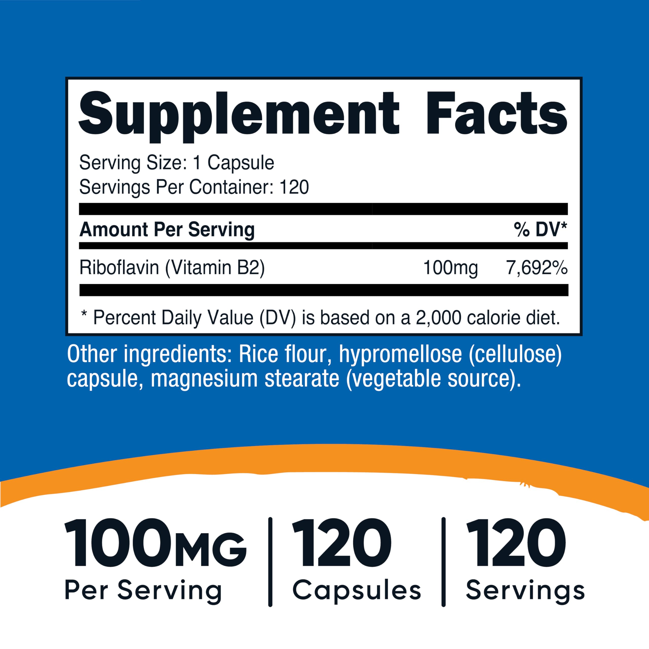 Frasco de Nutricost Vitamina B2 con 120 cápsulas para suministro prolongado.