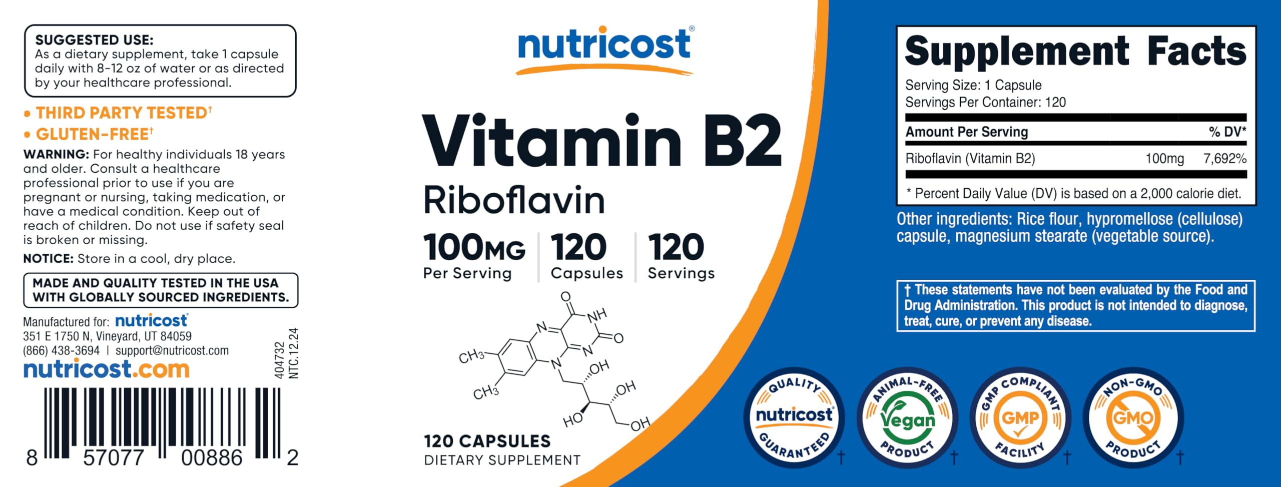 Cápsulas de Nutricost Vitamina B2, dosis alta para consumo diario.