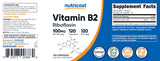 Cápsulas de Nutricost Vitamina B2, dosis alta para consumo diario.