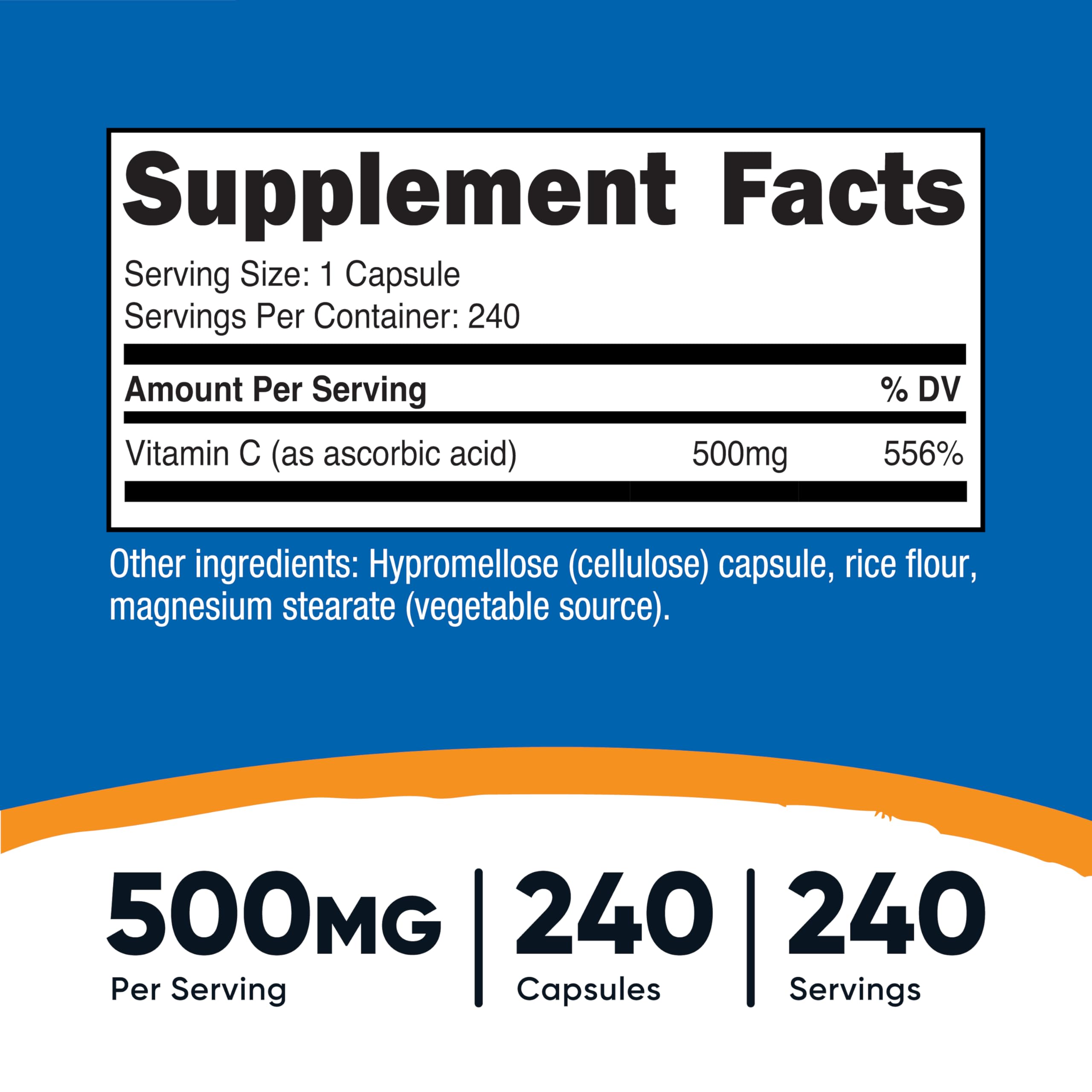 Etiqueta clara de Nutricost Vitamina C 500 mg mostrando la dosis por porción