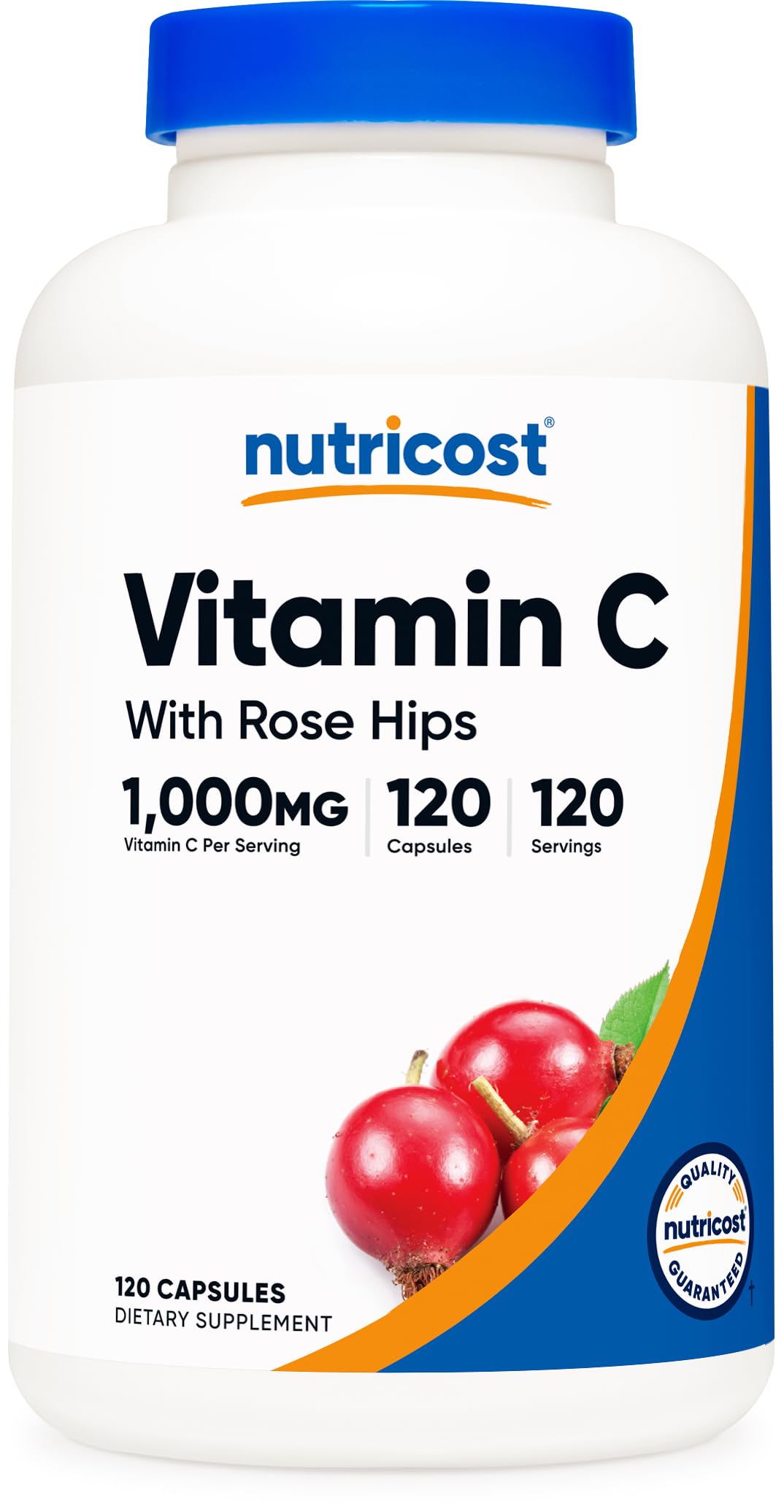 Nutricost Vitamina C con Rosa Mosqueta, botella visible, dosis diaria clara.