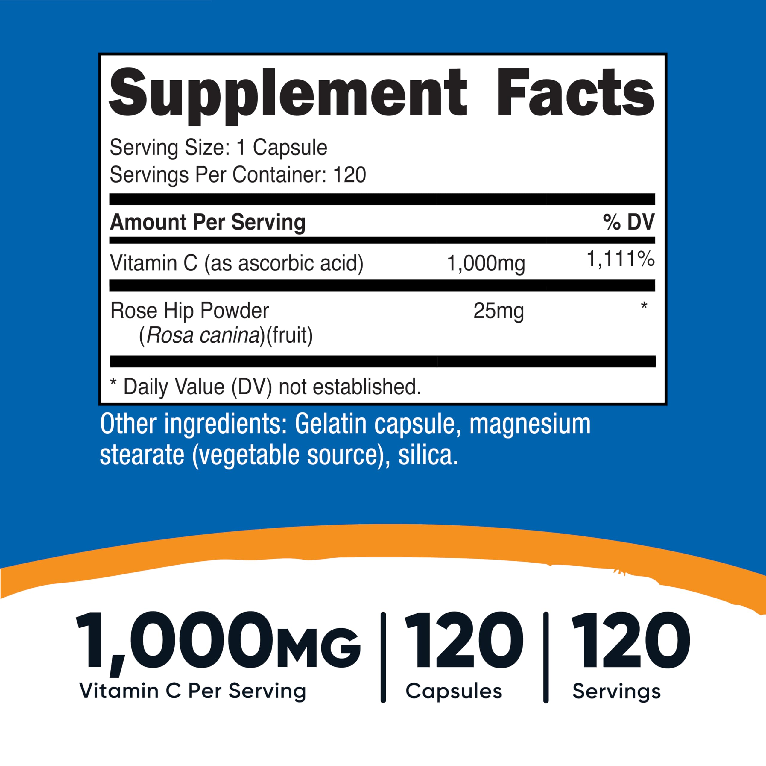 Nutricost Vitamina C con Rosa Mosqueta, cápsulas en primer plano, fácil ingesta diaria.