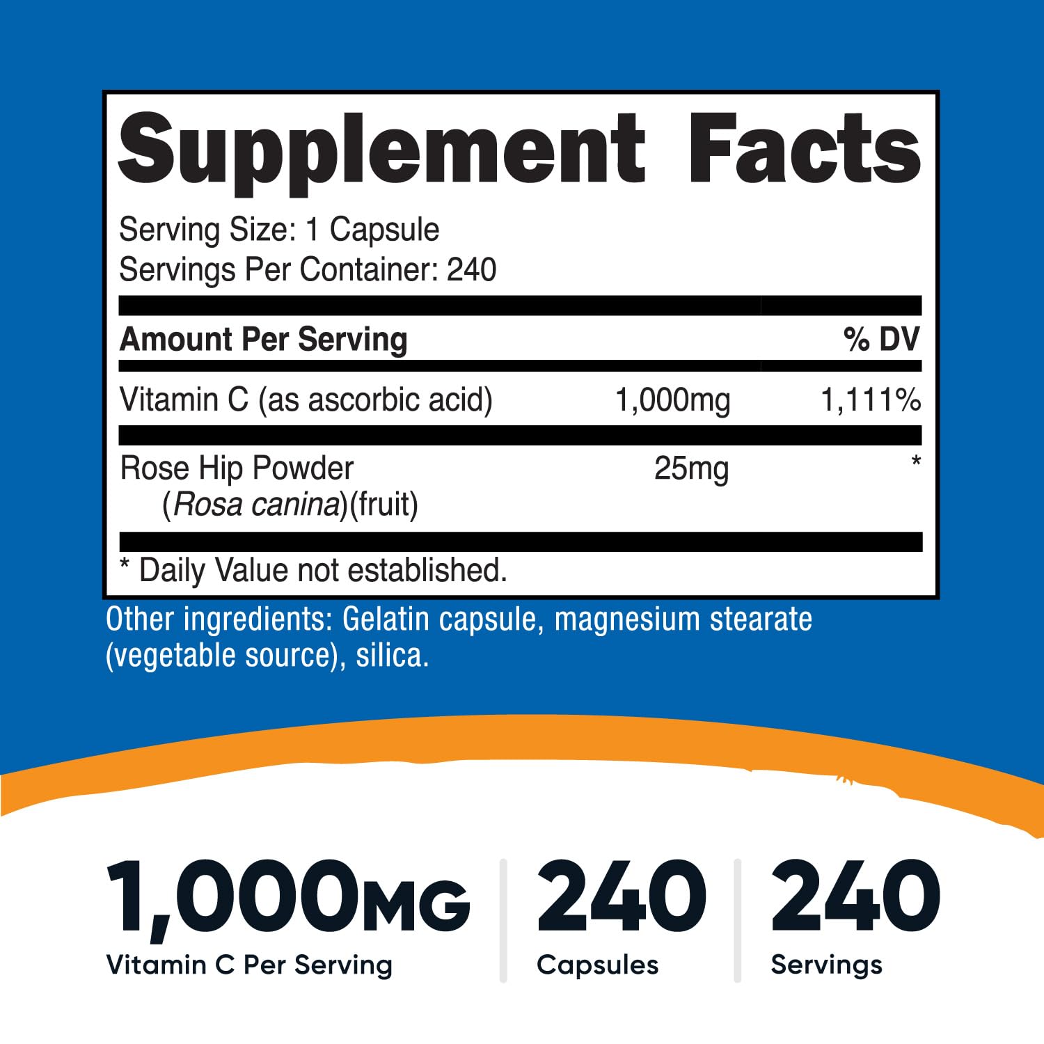 Nutricost Vitamina C con Rosa Mosqueta, etiqueta cercana e información de ingredientes