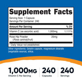 Nutricost Vitamina C con Rosa Mosqueta, etiqueta cercana e información de ingredientes