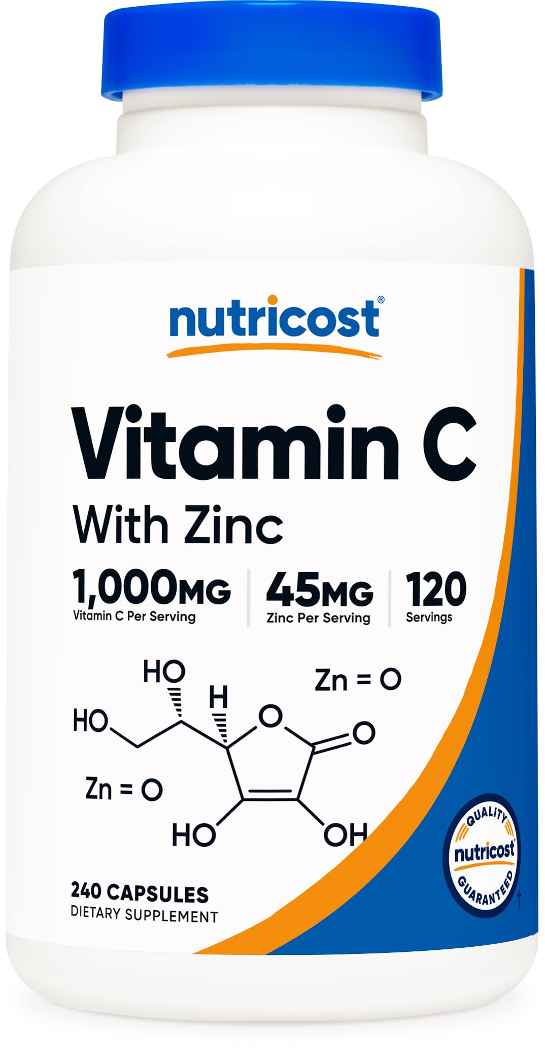 Nutricost Vitamina C con Zinc frente del envase, apoyo a la rutina diaria.