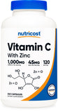 Nutricost Vitamina C con Zinc frente del envase, apoyo a la rutina diaria.