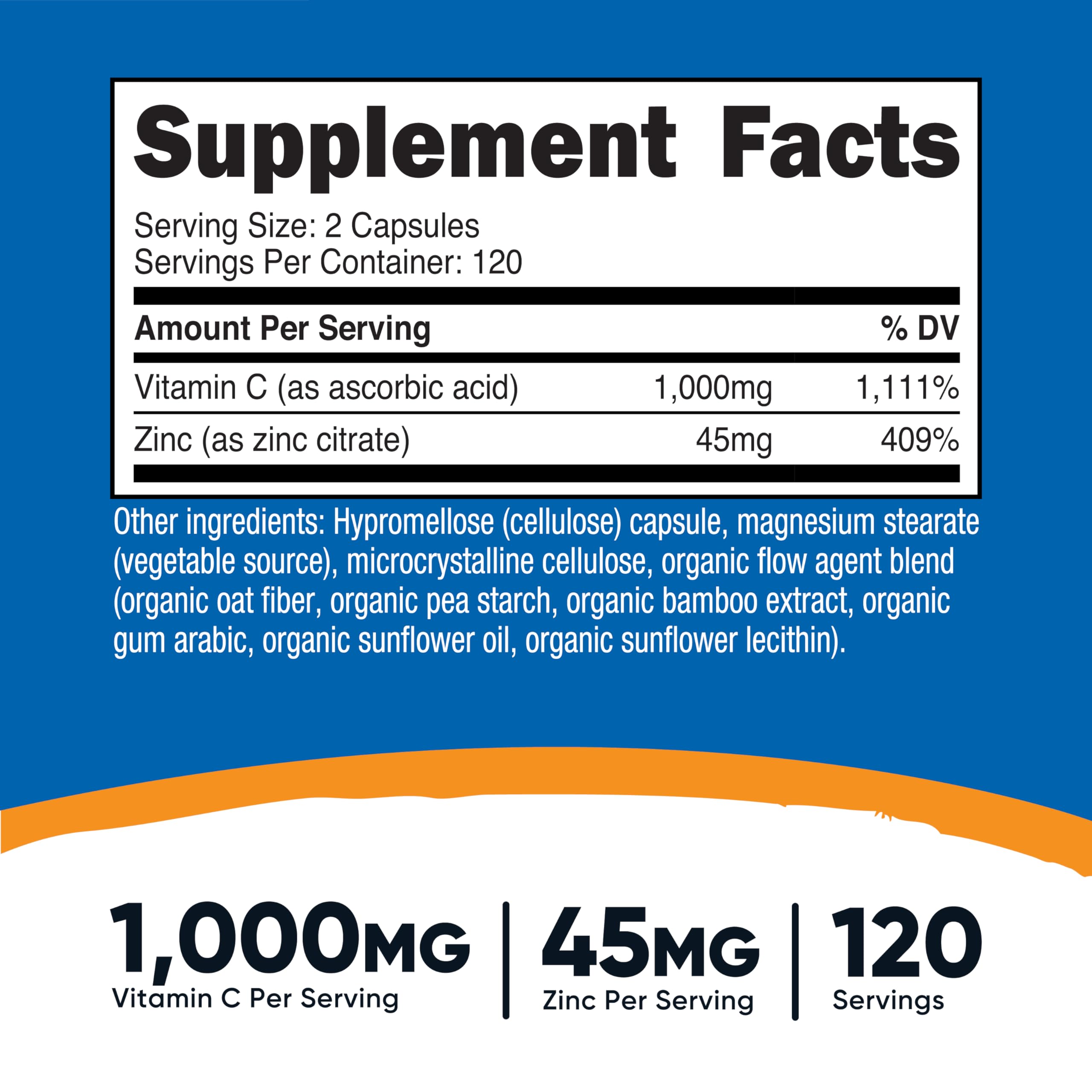 Nutricost Vitamina C con Zinc etiqueta detalla nutrientes clave para la ingesta diaria.
