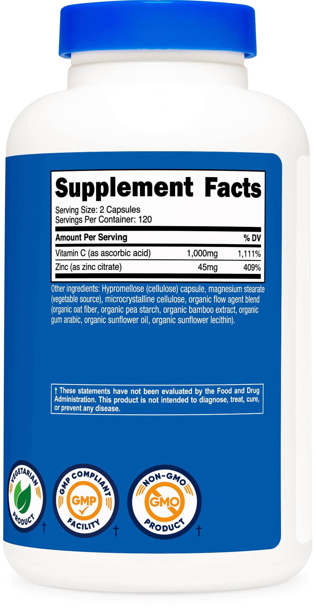 Nutricost Vitamina C con Zinc, etiqueta clara y pruebas ISO para calidad.