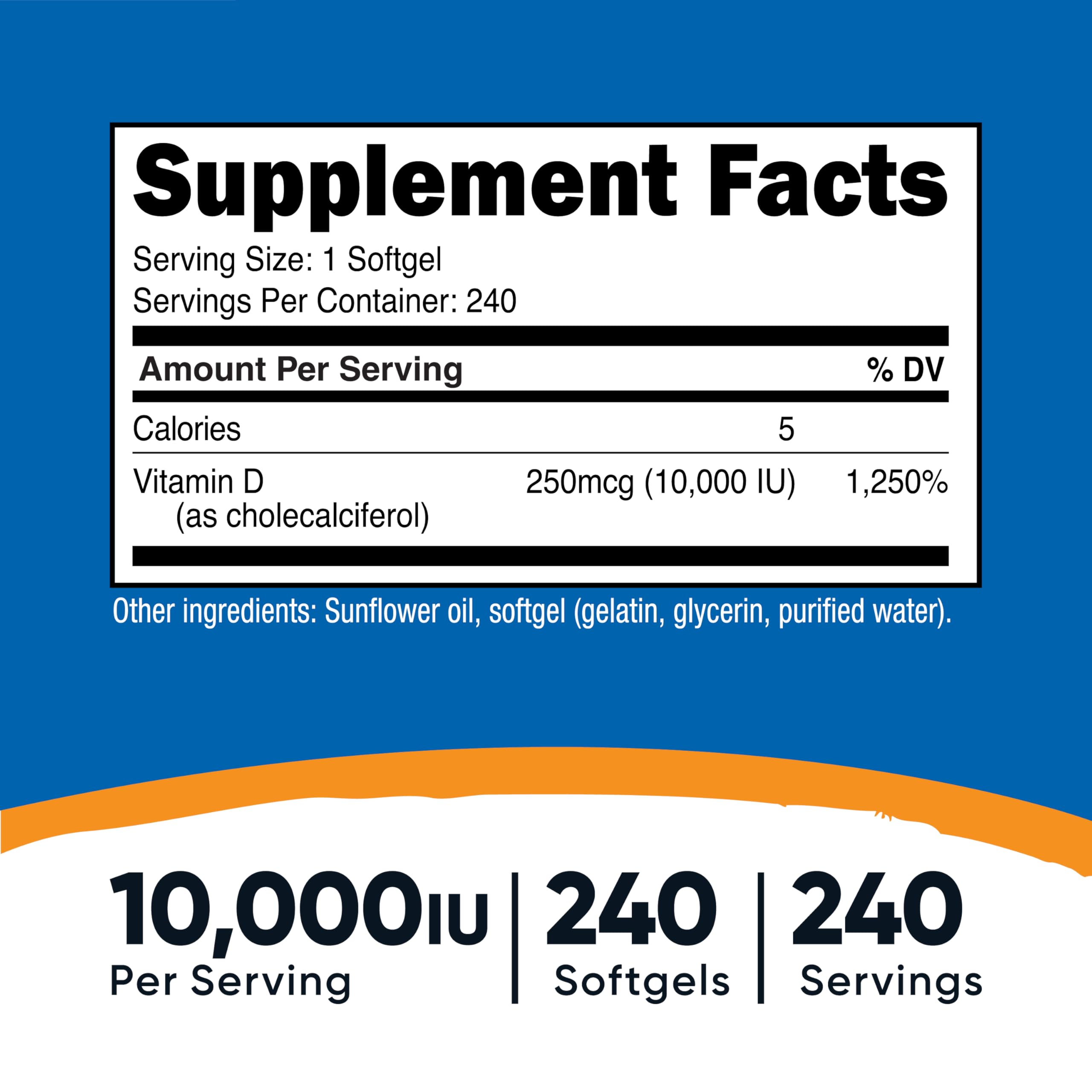 Nutricost Vitamina D3 10000 UI, cápsula suave para uso diario.