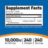 Nutricost Vitamina D3 10000 UI, cápsula suave para uso diario.