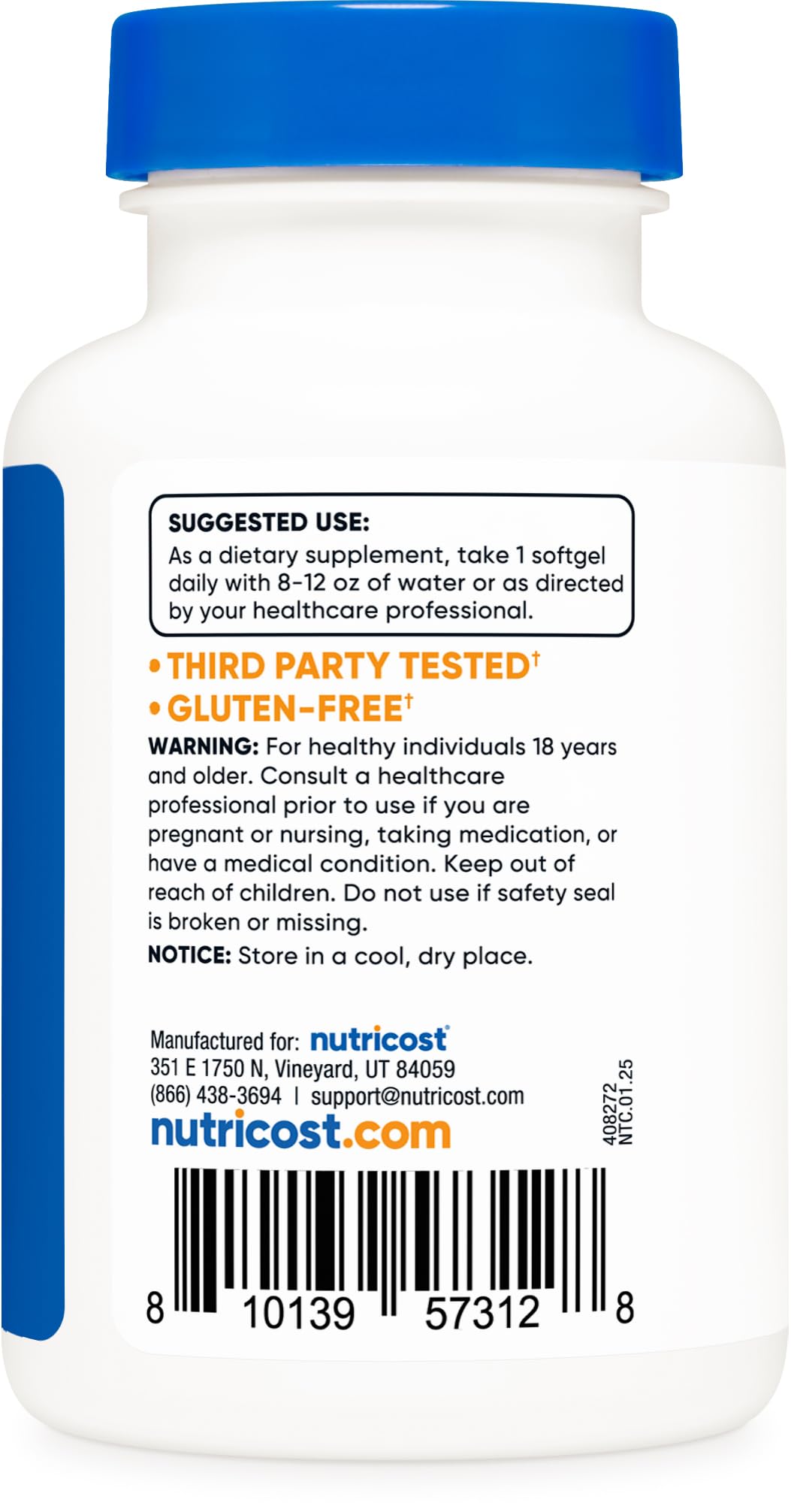 Nutricost Vitamina D3 10000 UI, fabricación certificada para calidad.