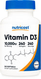 Nutricost Vitamina D3 10000 UI, frasco frente, apoyo diario de vitamina D.