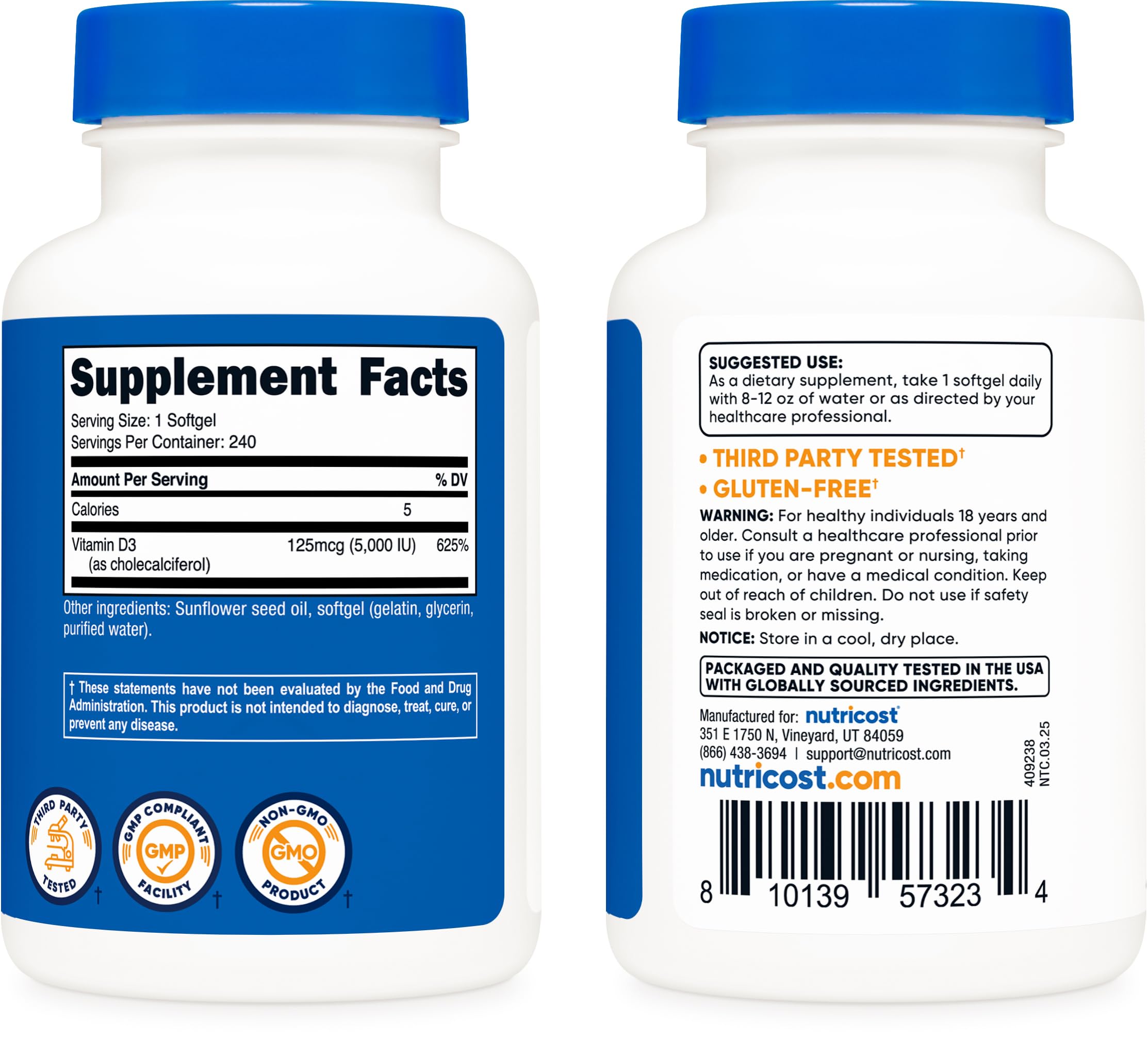 Certificaciones NSF y GMP de Nutricost D3 5000 UI.
