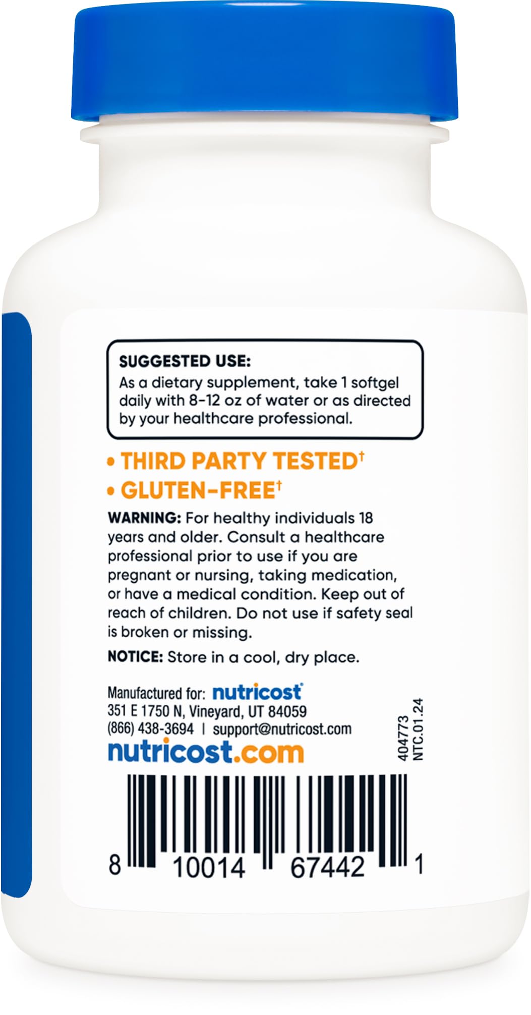 Frasco de 240 cápsulas Nutricost D3, libre de OGM y sin gluten