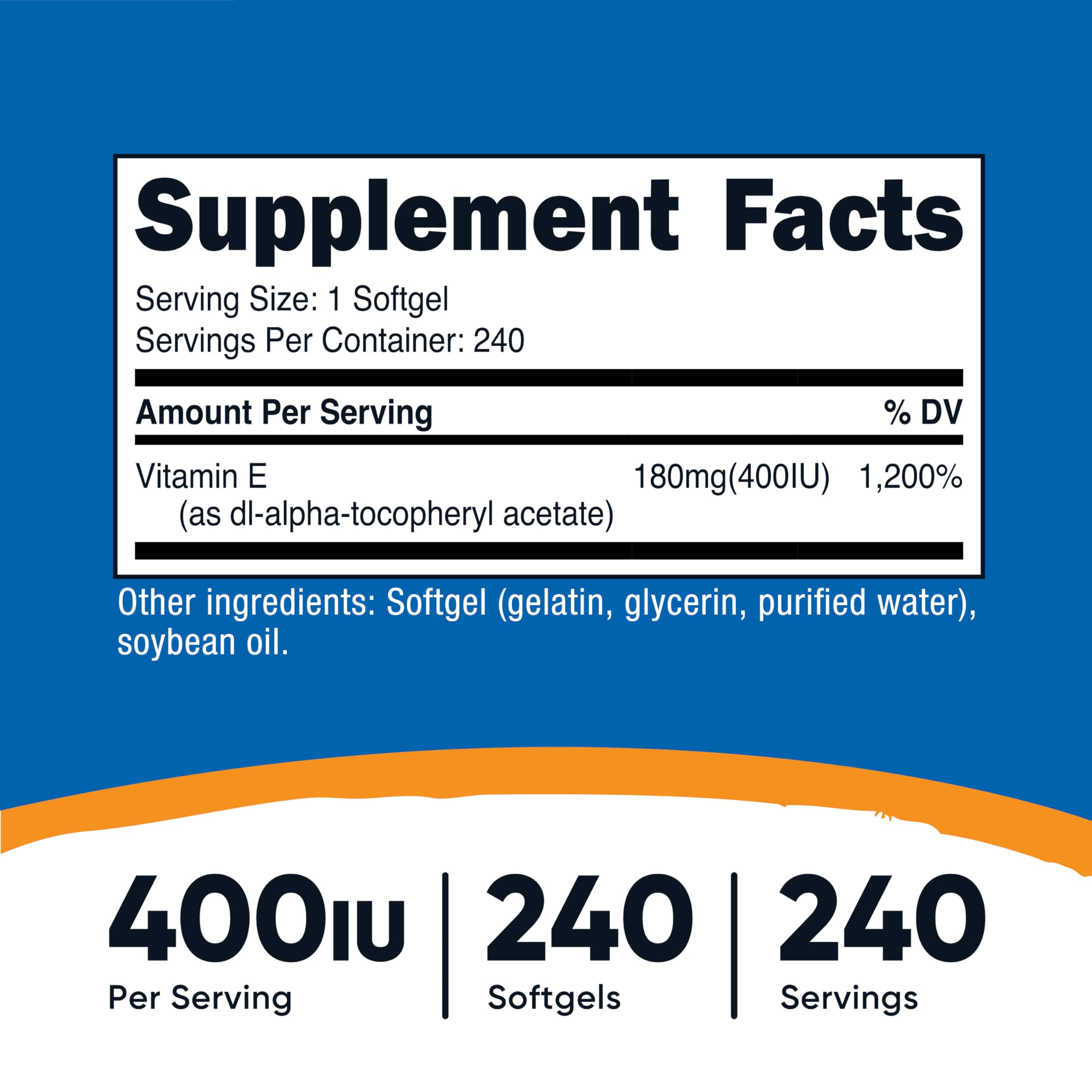 Etiqueta de Nutricost Vitamina E 400 UI, información clara y sin gluten.
