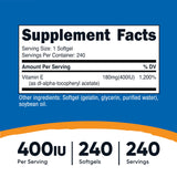 Etiqueta de Nutricost Vitamina E 400 UI, información clara y sin gluten.