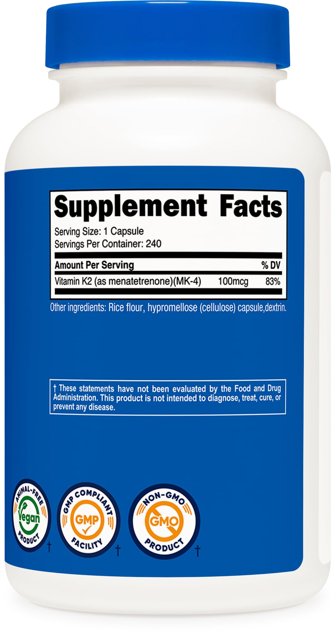 Nutricost Vitamina K2 MK-4, cápsulas fáciles de incorporar en la rutina diaria.