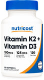 Nutricost Vitamina K2 MK7 D3, cápsulas suaves en botella, posible apoyo a la salud ósea