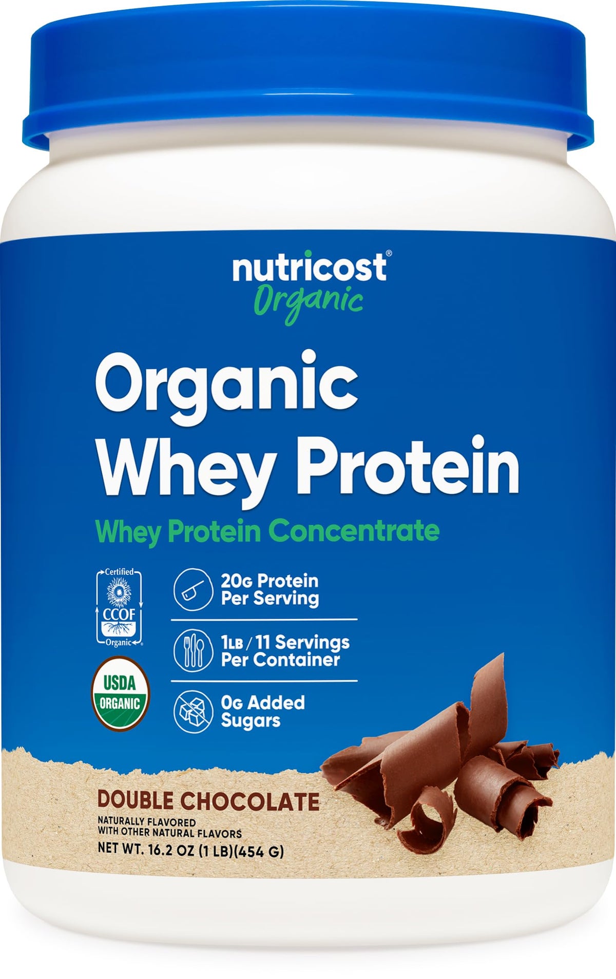 Nutricost proteína de suero, bote de 1 libra, batidos de sabor doble chocolate.