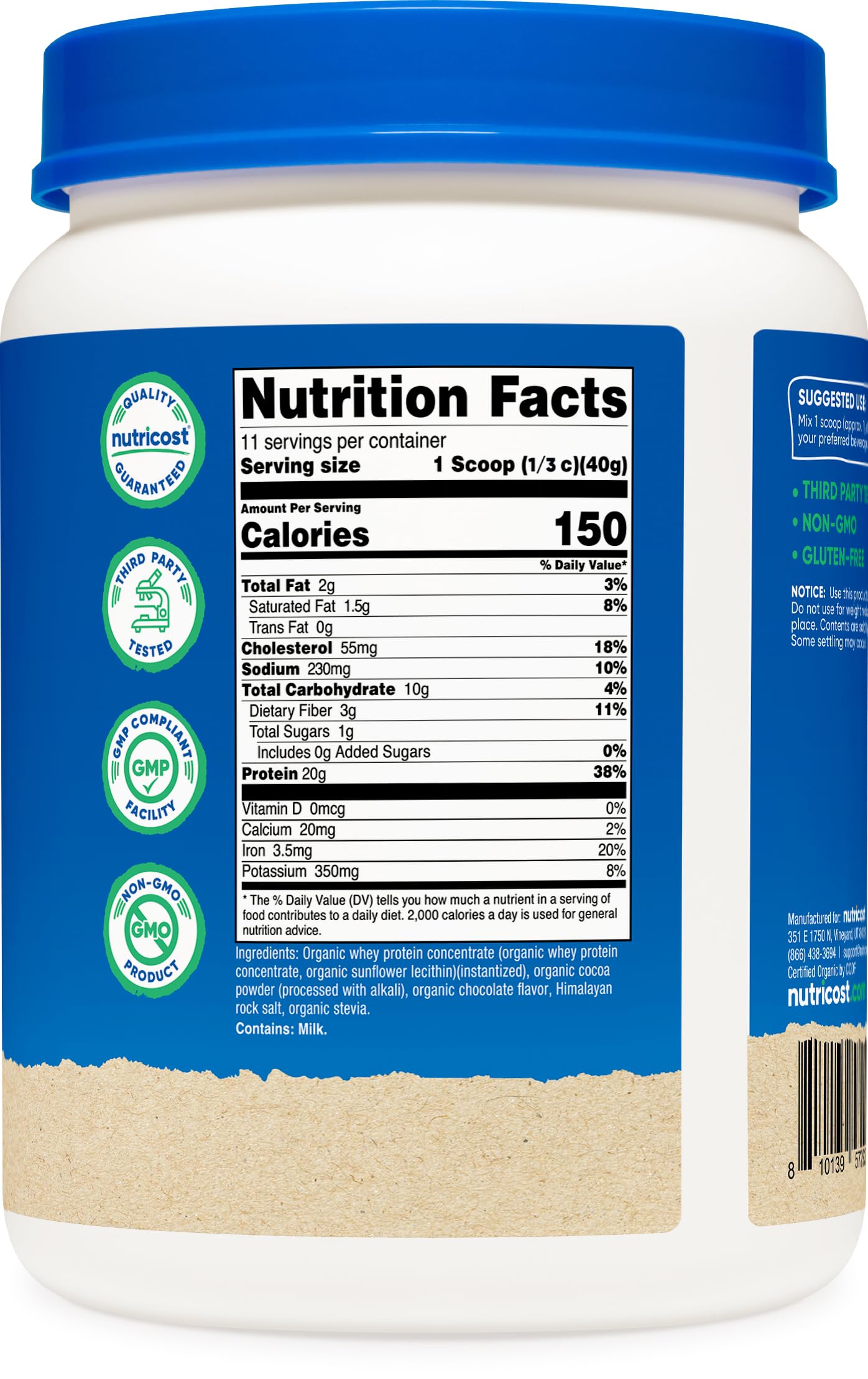 Nutricost proteína de suero, envase práctico para almacenamiento.