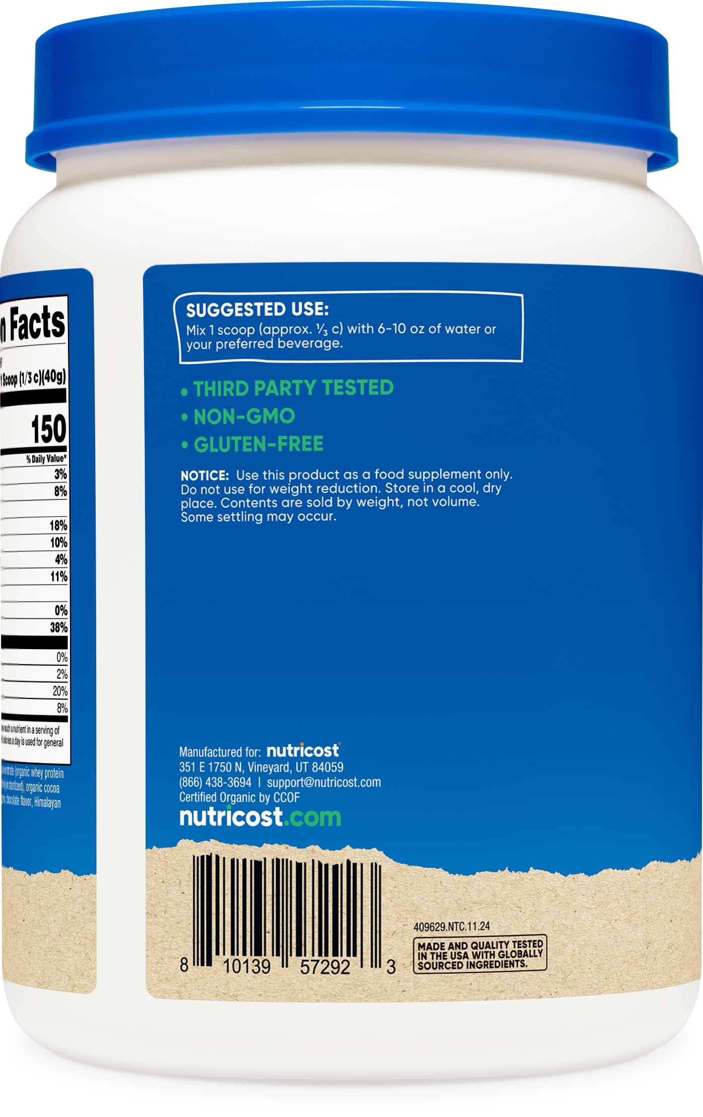 Nutricost proteína de suero, lista de ingredientes visible para opción libre de gluten.