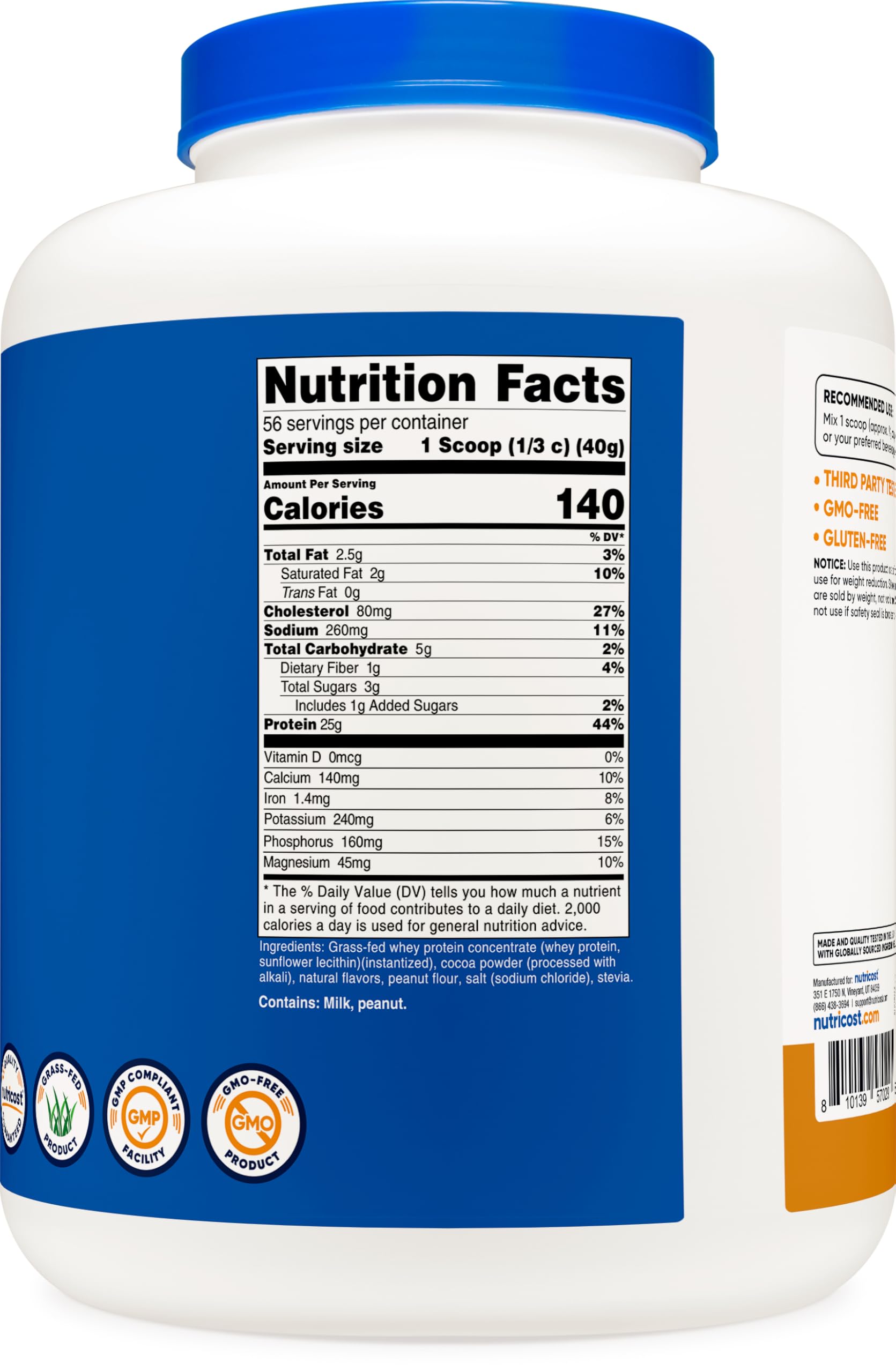 Nutricost-whey-envase-5lb-lata, cuchara-dosificadora incluida, mezcla suave con agua o leche.