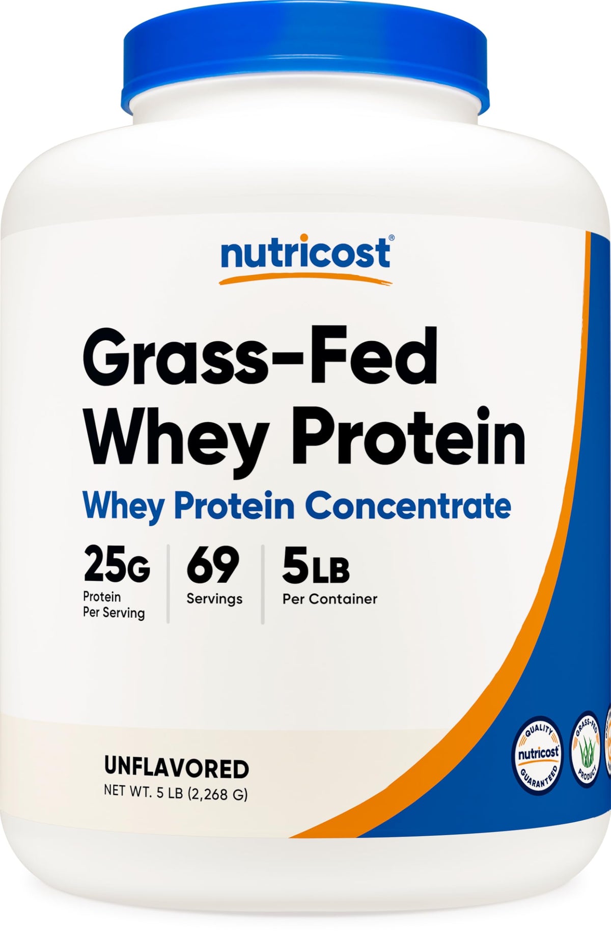 Proteína Nutricost de suero de pasto en bote de 5 libras para uso diario, alta calidad.