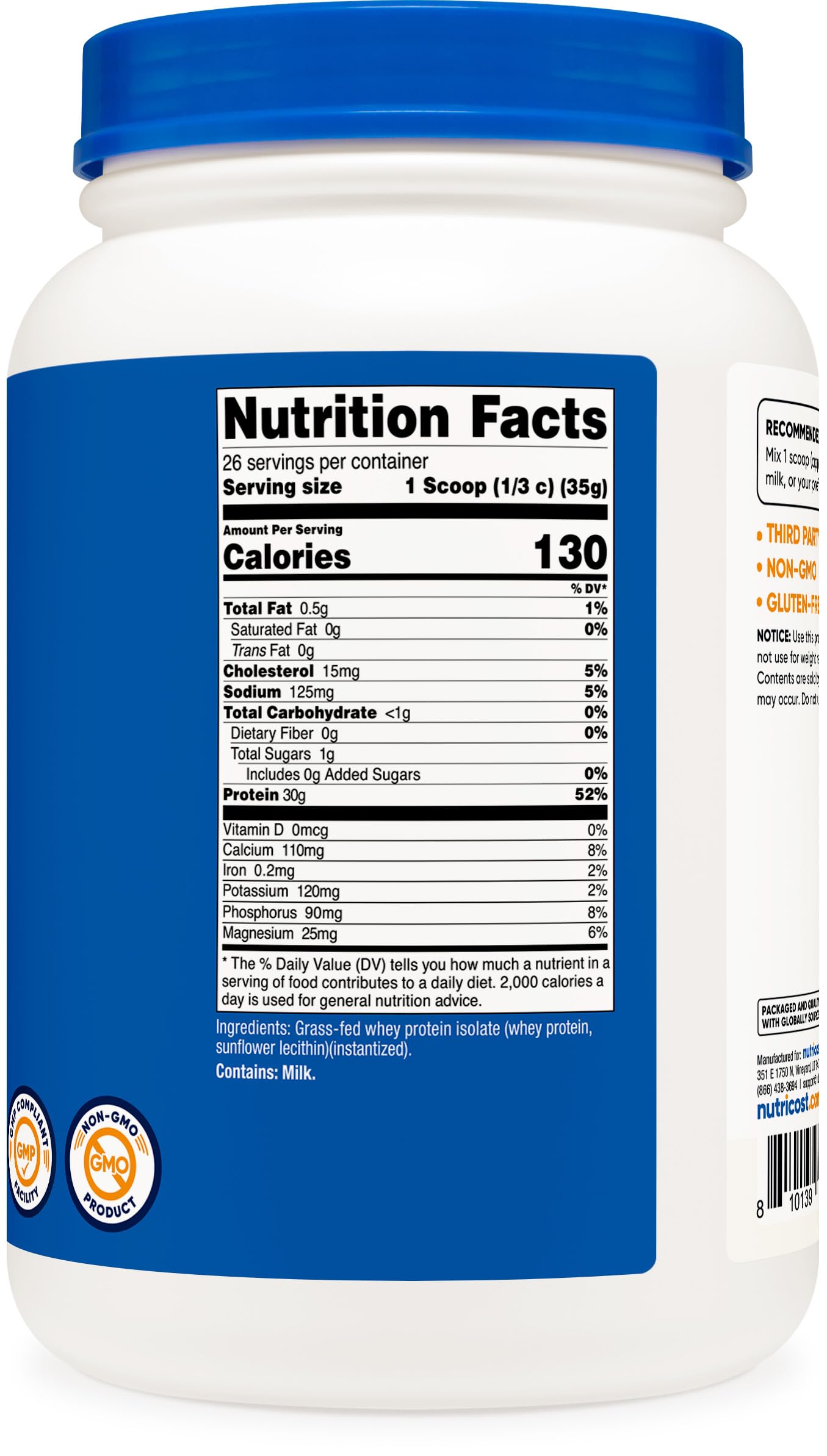 Nutricost Whey Isolate fabricado en planta GMP-FDA asegurando calidad