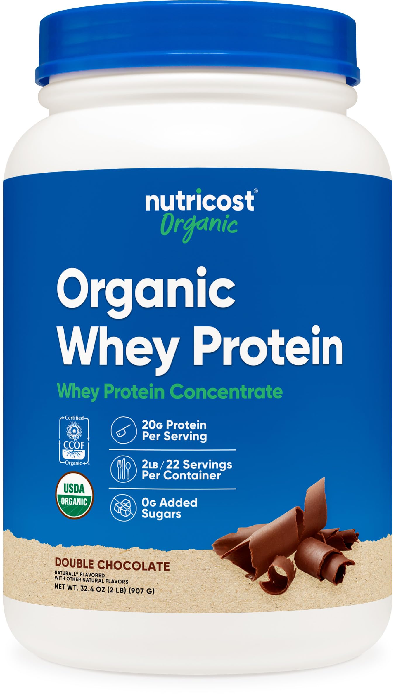 Nutricost proteína de suero concentrada, empaque cómodo para guardar y ver porciones.