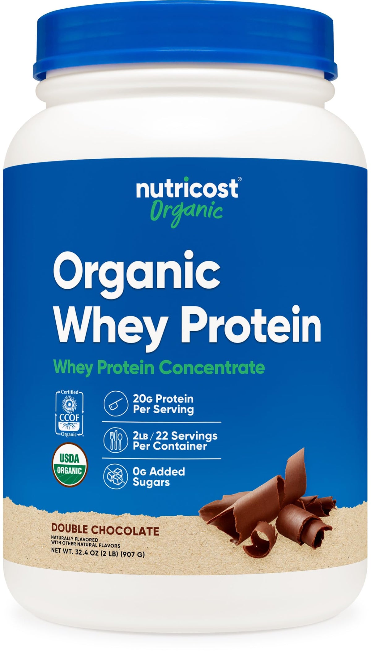 Nutricost proteína de suero concentrada, empaque cómodo para guardar y ver porciones.