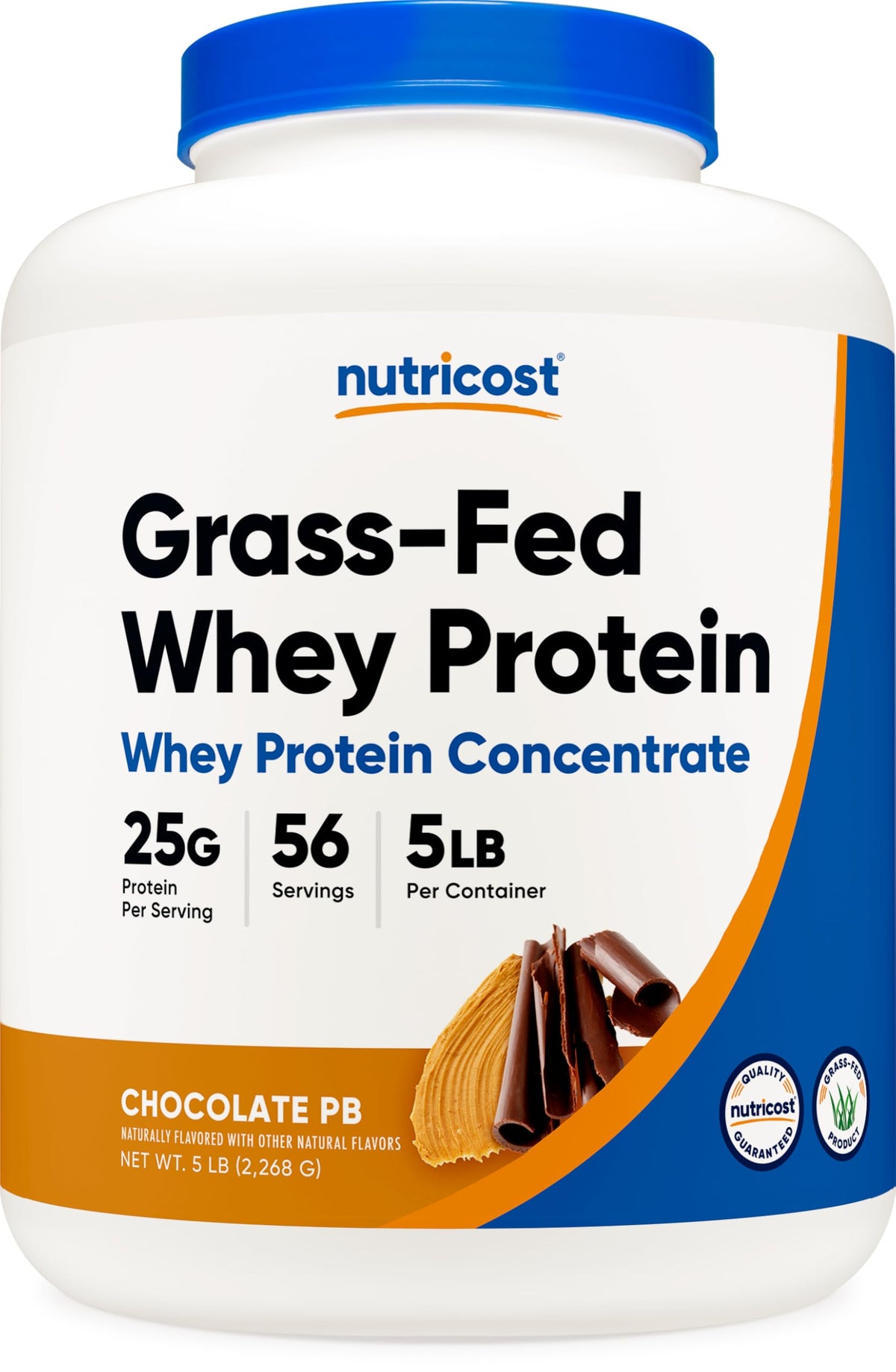 Nutricost whey criado-en-pasto en lata 5lb, sabor chocolate y mantequilla de cacahuete para batidos.