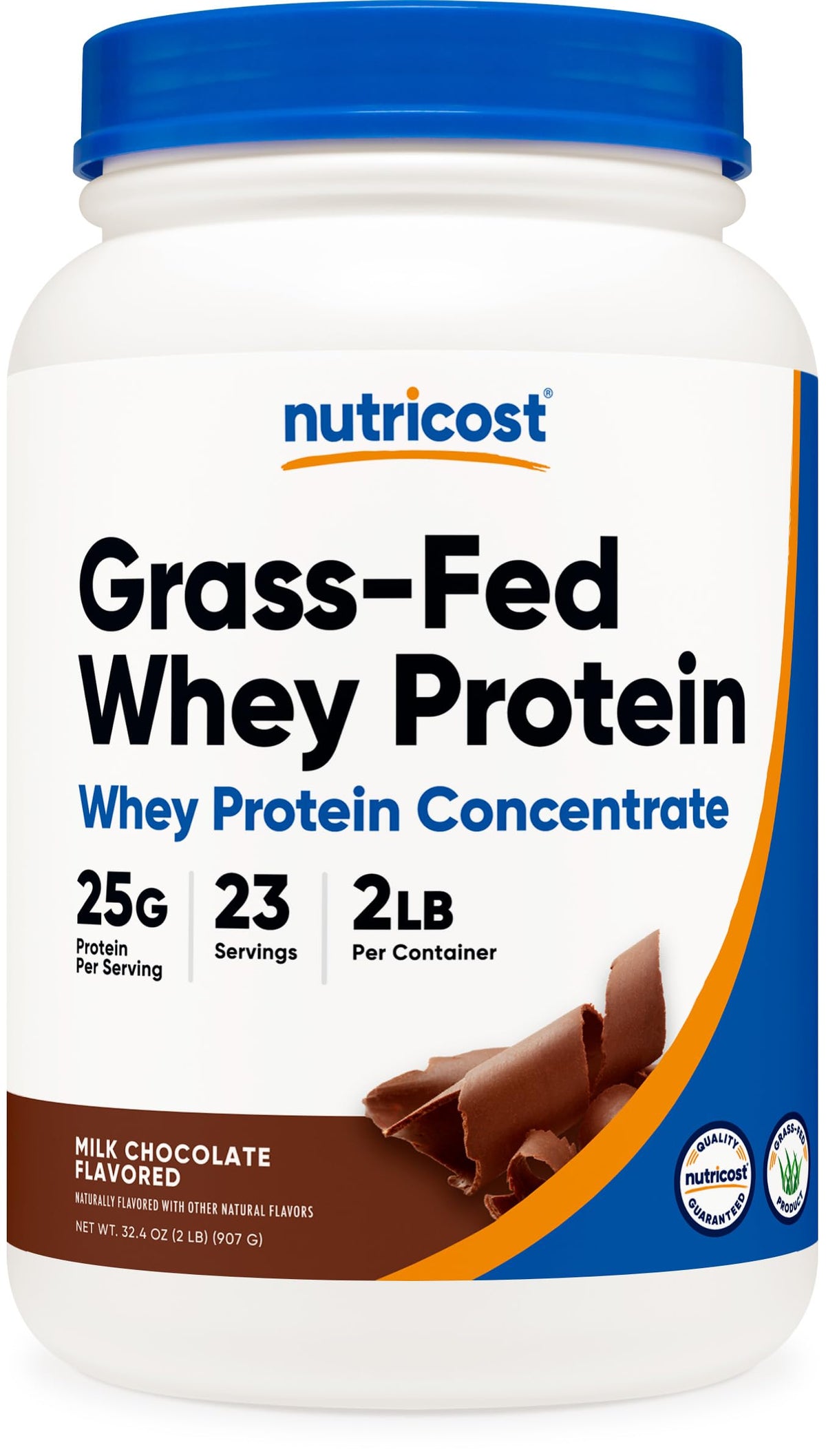 Nutricost proteína de suero alimentada con pasto, chocolate en envase, ideal para recuperación muscular.