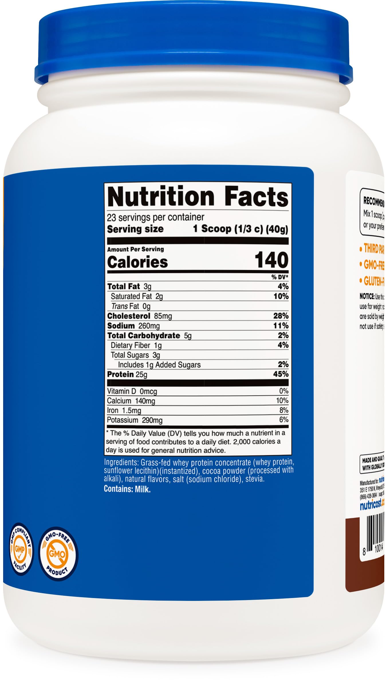 Nutricost etiqueta con certificaciones kosher y halal, garantía de calidad y pureza.