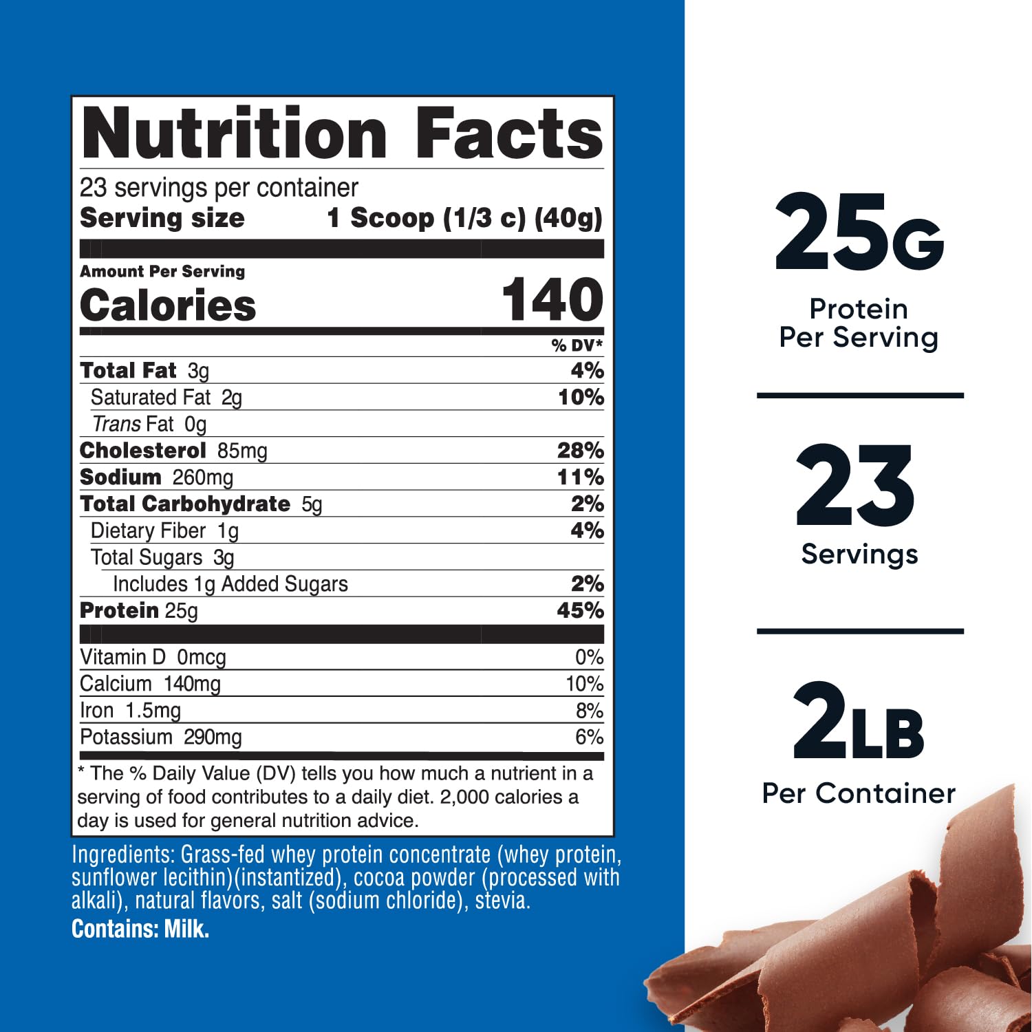 Nutricost proteína de suero alimentada con pasto, porción medidora, sabor chocolate para desayunos.