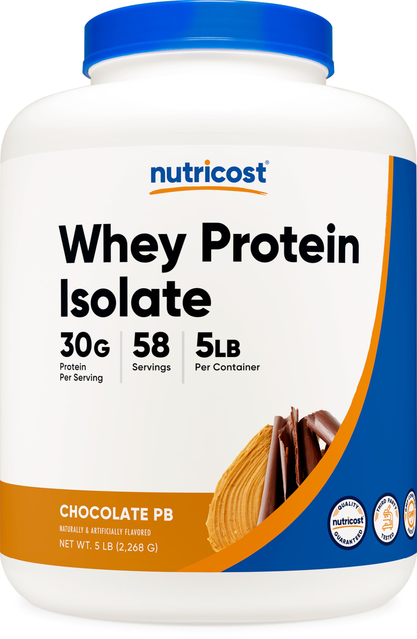Nutricost Whey Protein Isolate can in Chocolate Peanut Butter flavor for shakes
