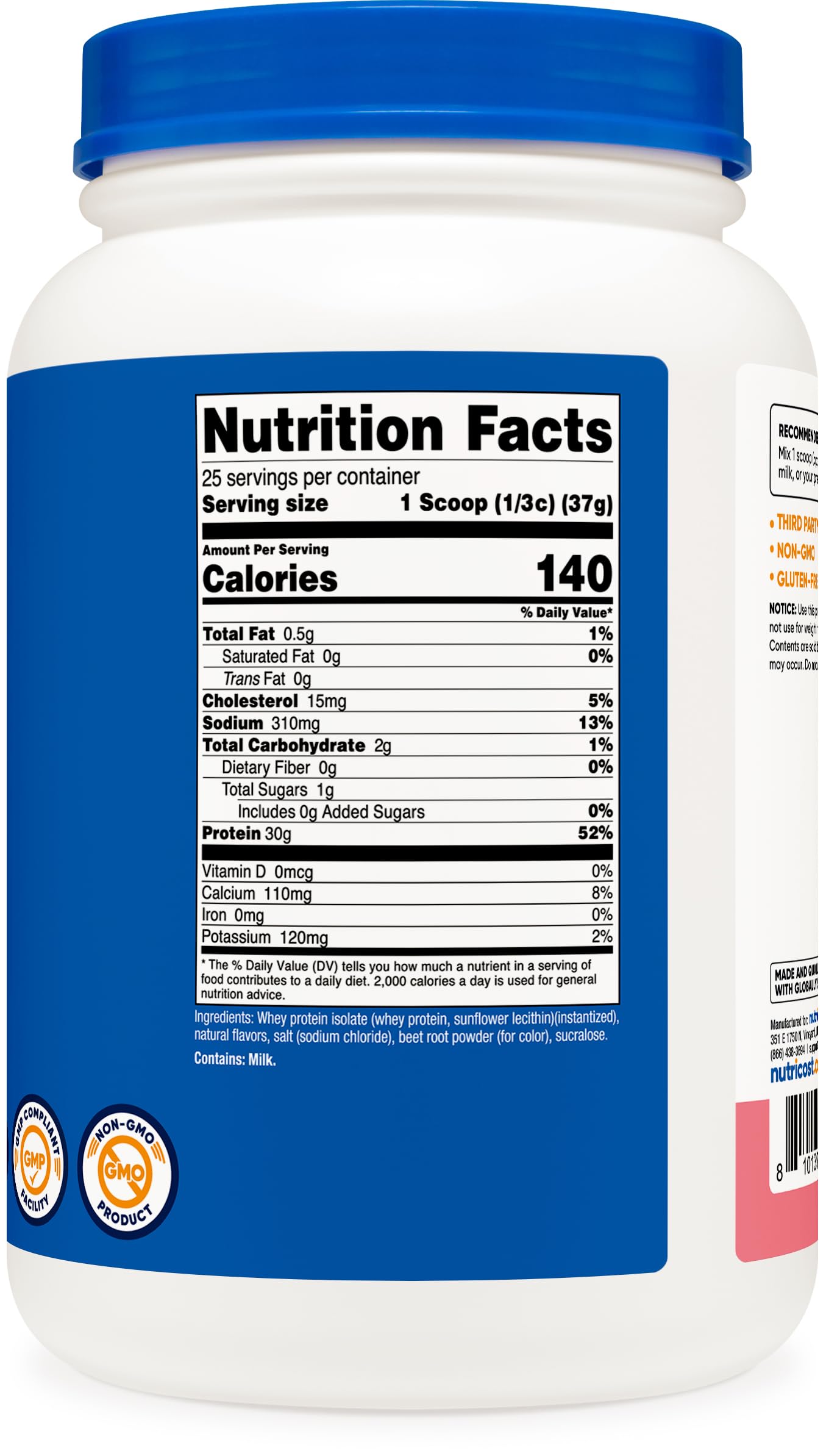 Nutricost Whey Protein Isolate con etiqueta legible, información clara del producto.